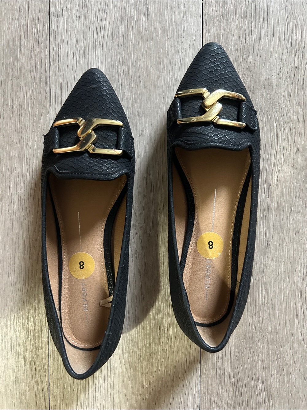 Black Pointed Toe Flats with Gold Accent - Women